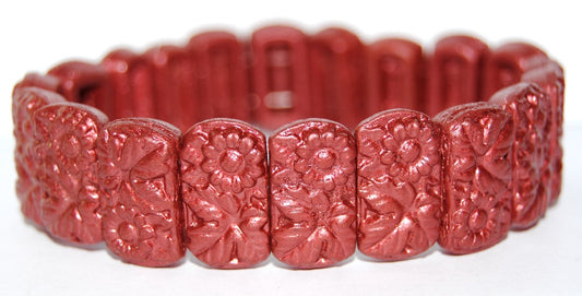 Flat Rectangle 2-Hole Pressed Glass Beads With Flower, 94209 (94209), Glass, Czech Republic