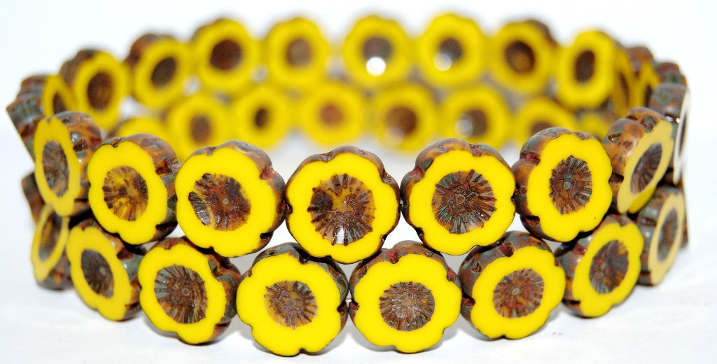 Table Cut Round Beads Hawaii Flowers, Yellow Travertin (83120 86800), Glass, Czech Republic