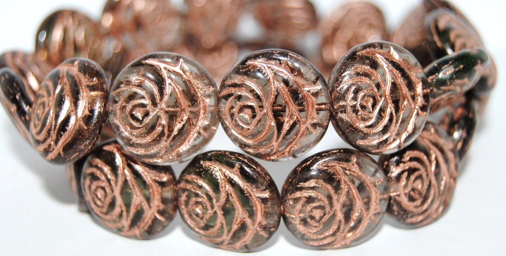 Round Flat Rose Flower Pressed Glass Beads, (47401 54200), Glass, Czech Republic