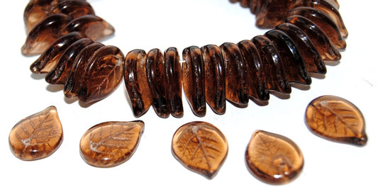 Leaf Pressed Glass Beads, Transparent Brown (10210), Glass, Czech Republic