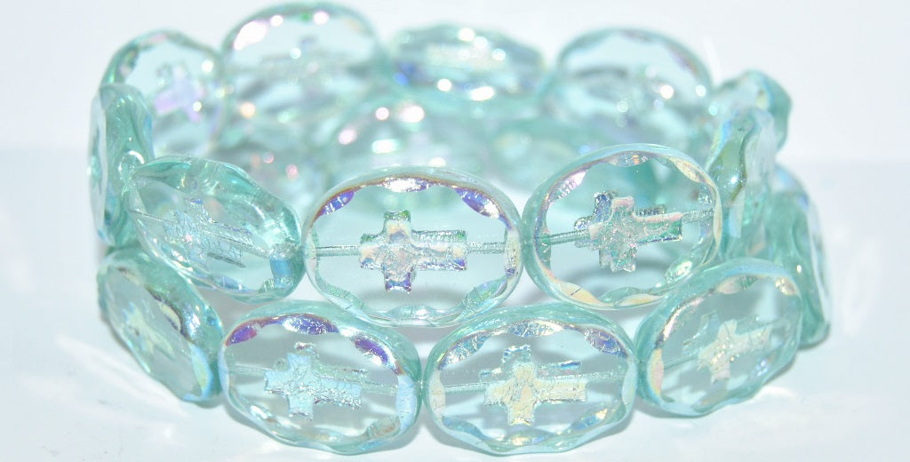 Table Cut Oval Beads With Cross, Transparent Aqua Ab 2Xside (60000 Ab 2Xside), Glass, Czech Republic