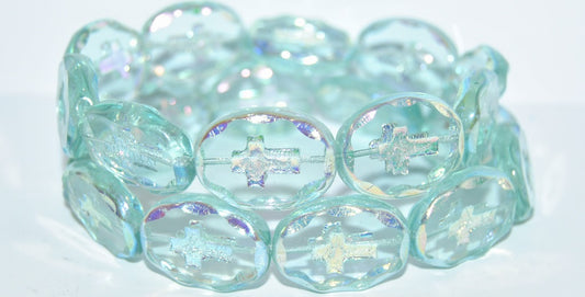 Table Cut Oval Beads With Cross, Transparent Aqua Ab 2Xside (60000 Ab 2Xside), Glass, Czech Republic