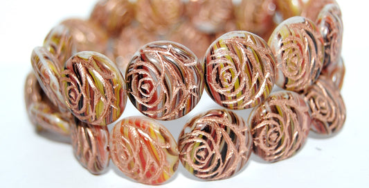 Round Flat Rose Flower Pressed Glass Beads, (95810 54200), Glass, Czech Republic