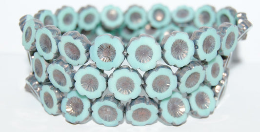 Table Cut Round Beads Hawaii Flowers, Turquise Bronze (63120 14415), Glass, Czech Republic