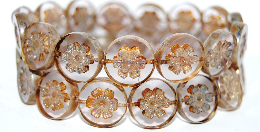 Table Cut Round Beads With Flower, Transparent Light Amethyst 43400 (20020 43400), Glass, Czech Republic