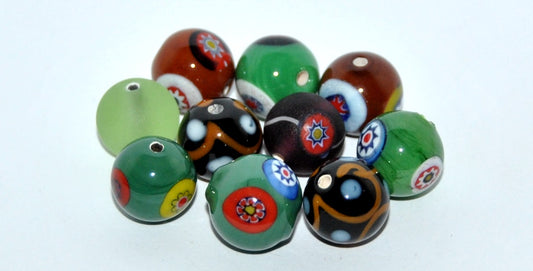 Czech Glass Hand Made Round Lampwork Beads With Flower, (L), Glass, Czech Republic