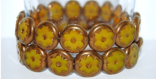 Table Cut Round Beads With Flower, Opal Yellow Bronze (81210 14415), Glass, Czech Republic