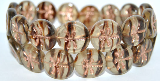 Round Flat Wit Dragonfly Pressed Glass Beads, (18016B 54200), Glass, Czech Republic