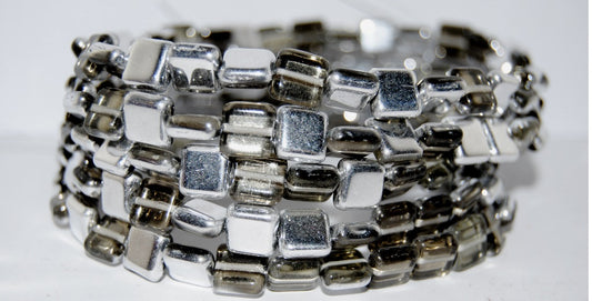 Flat Square Pressed Glass Beads, Gray Crystal Silver Half Coating (40010 27001), Glass, Czech Republic