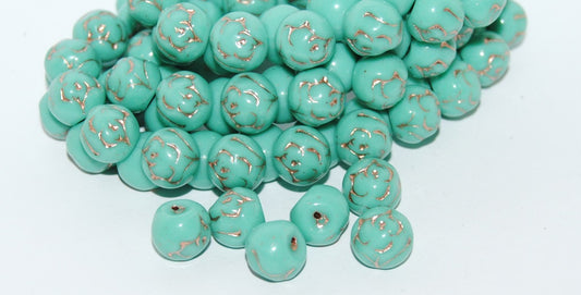 Round Pressed Glass Beads With Rose, Turquoise 54200 (63130 54200), Glass, Czech Republic