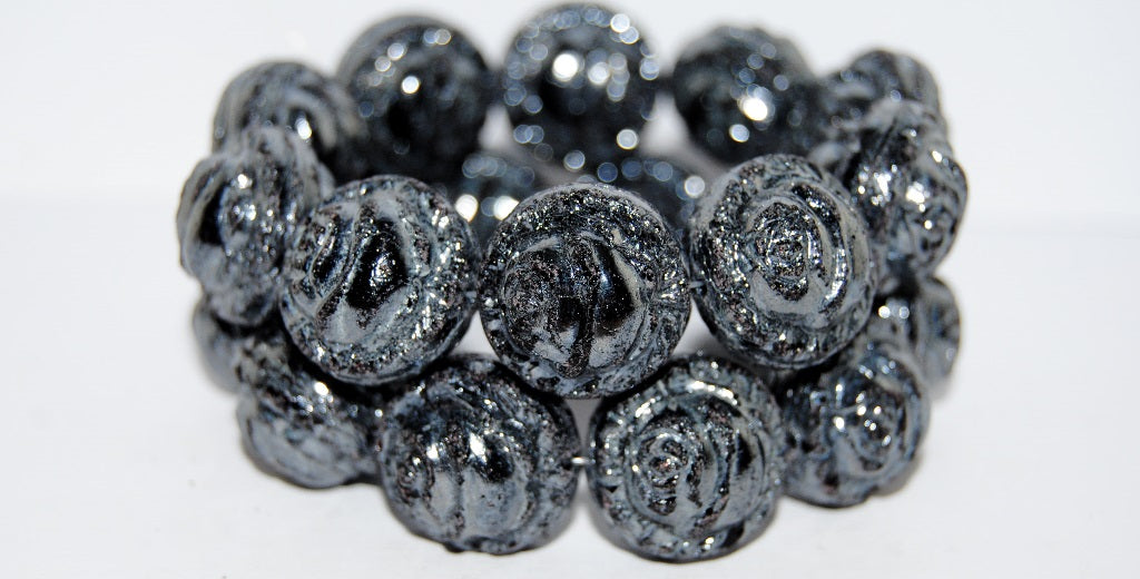 Round With Rose Flower Pressed Glass Beads, Black Hematite (23980 14400), Glass, Czech Republic