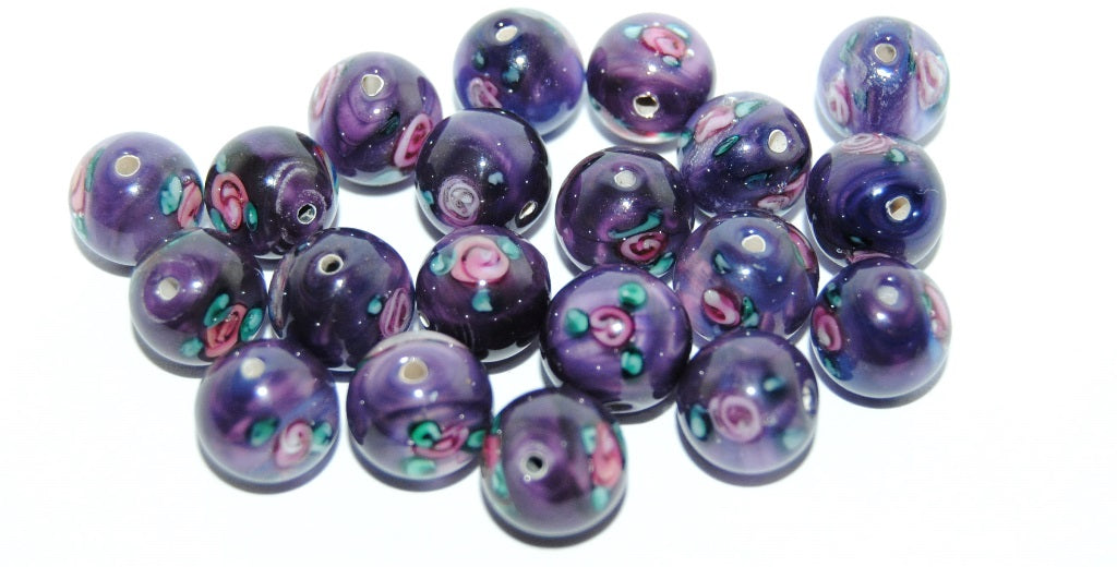 Czech Glass Hand Made Round Lampwork Beads With Flower, (10 I), Glass, Czech Republic