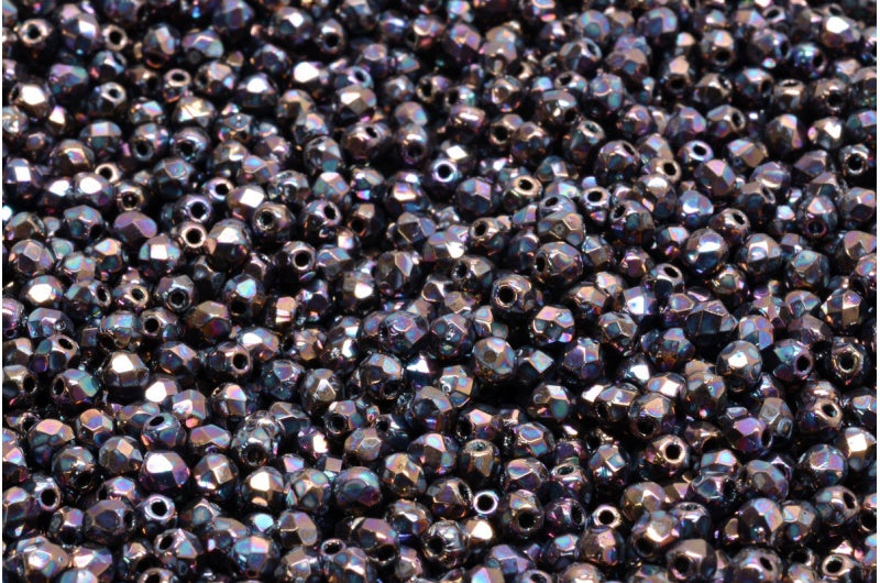 ファセット加工ラウンドビーズ、ブラックベガアイリス（23980-15781）、ボヘミアクリスタルガラス、チェコ共和国