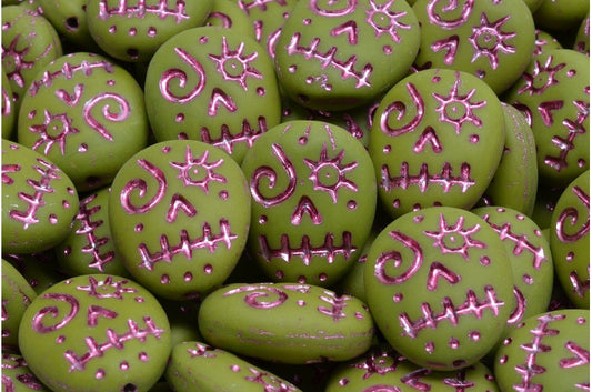 Woodoo Funny Face Beads, Green Matte Pink Lined (53420-84100-54321), Glass, Czech Republic