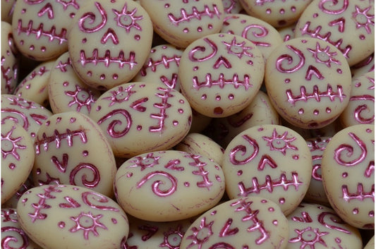 Woodoo Funny Face Beads, Beige Matte Pink Lined (13020-84100-54321), Glass, Czech Republic
