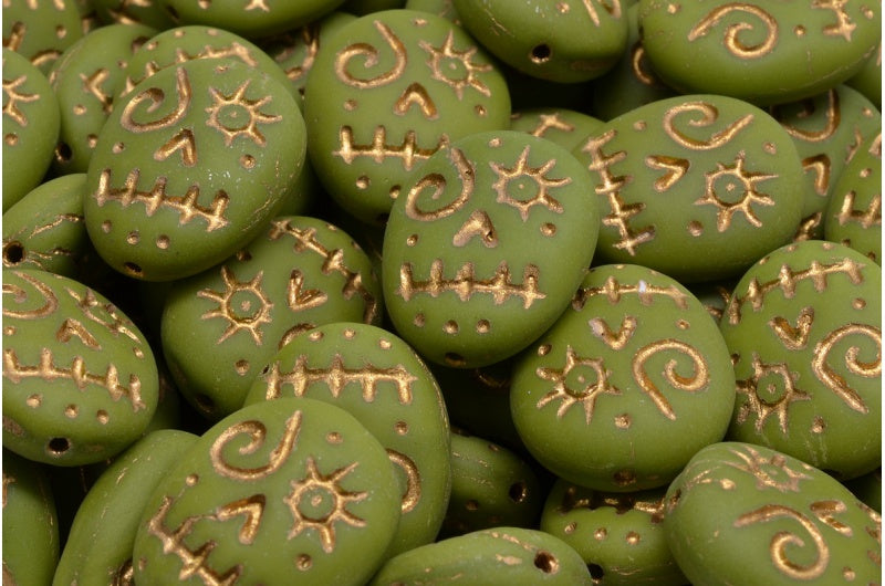 Woodoo Funny Face Beads, Green Matte Gold Lined (53420-84100-54302), Glass, Czech Republic