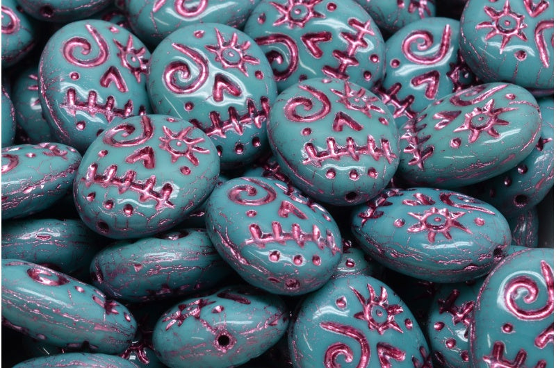 Woodoo Funny Face Beads, Turquise Pink Lined (63140-54321), Glass, Czech Republic
