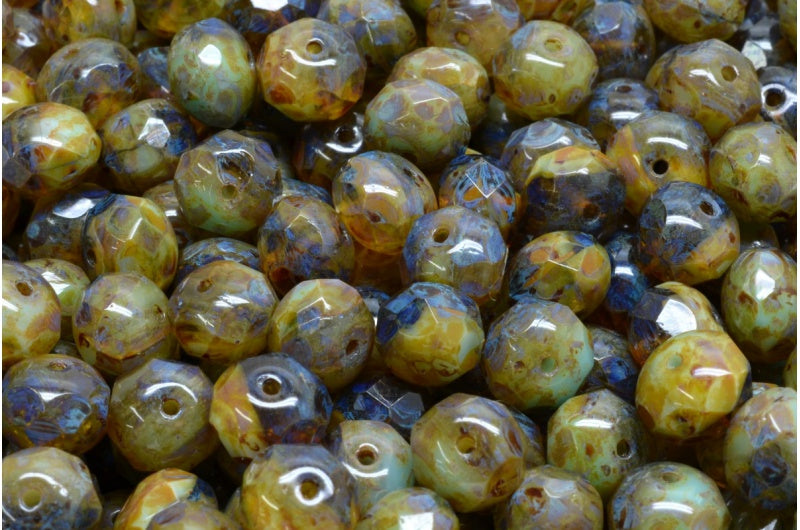 Fire Polish Faceted Rondelle Beads, Brown Opal Aqua Travertin (11010-61400-86800), Glass, Czech Republic