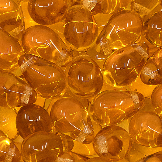 Teardrop Pear Czech Glass Beads, 6x9mm, Amber Topaz Orange Transparent