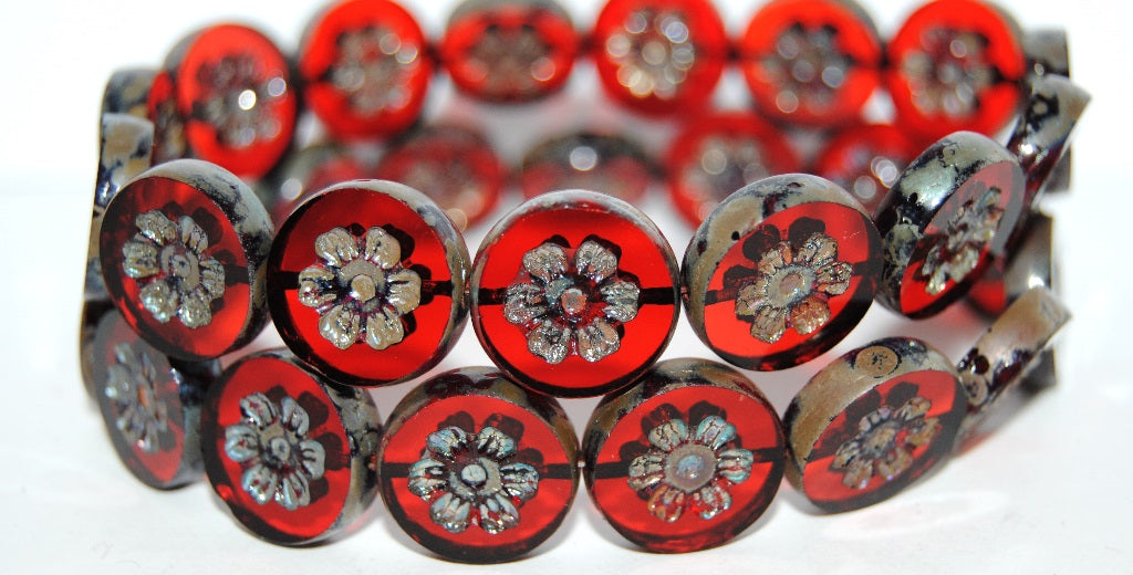 Table Cut Round Beads With Flower, Light Siam 43400 (90070 43400), Glass, Czech Republic