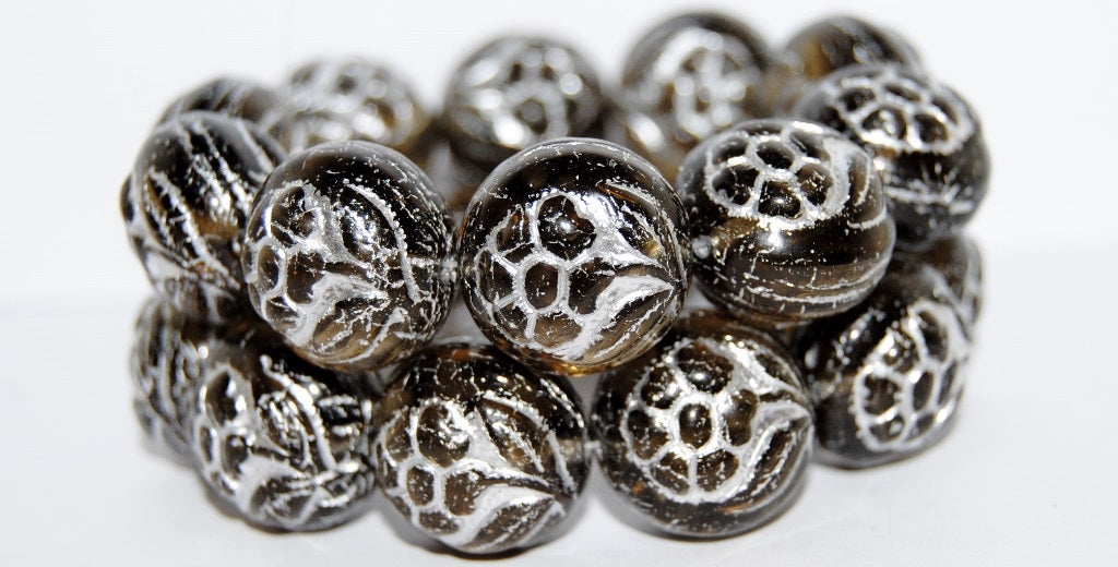 Round With Flower Pressed Glass Beads, (40020 54201), Glass, Czech Republic