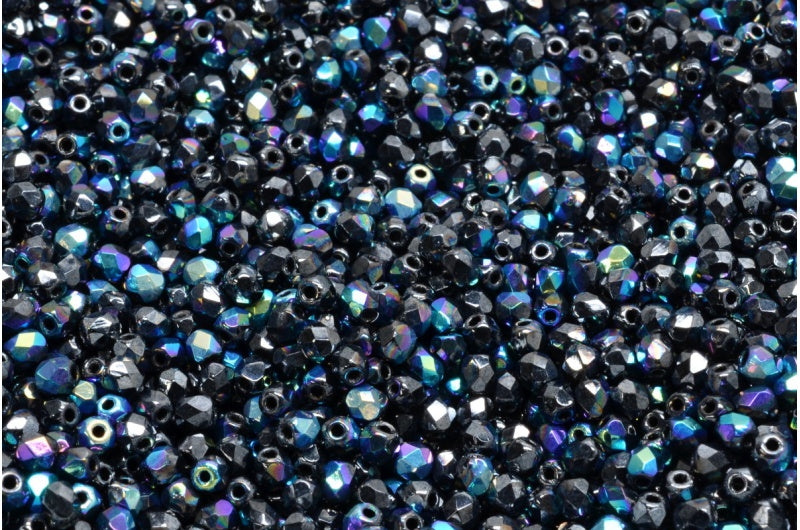 Fire Polished Faceted Beads Round, Black Hematite Ab (23980-14400-28701), Bohemia Crystal Glass, Czech Republic