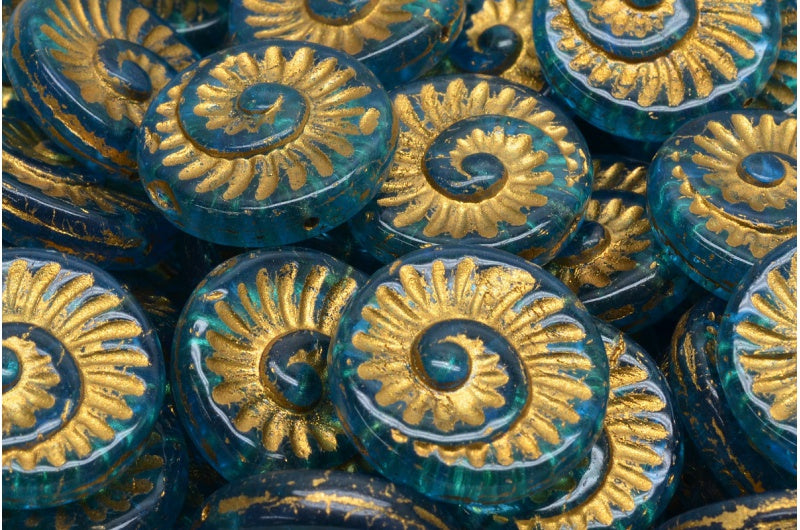 化石貝殻ビーズ、アクアゴールドライン（60030-54302）、ガラス、チェコ共和国