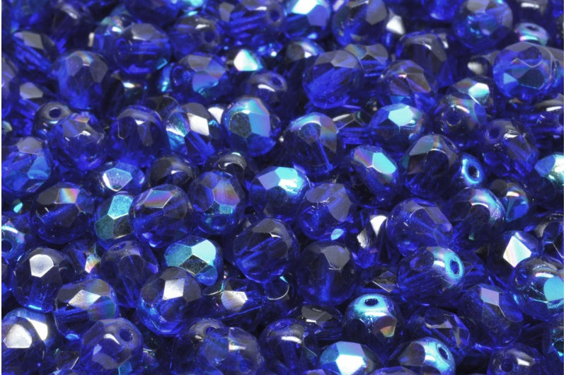 Fire Polished Faceted Beads Round, Transparent Blue Ab (30080-28701), Bohemia Crystal Glass, Czech Republic