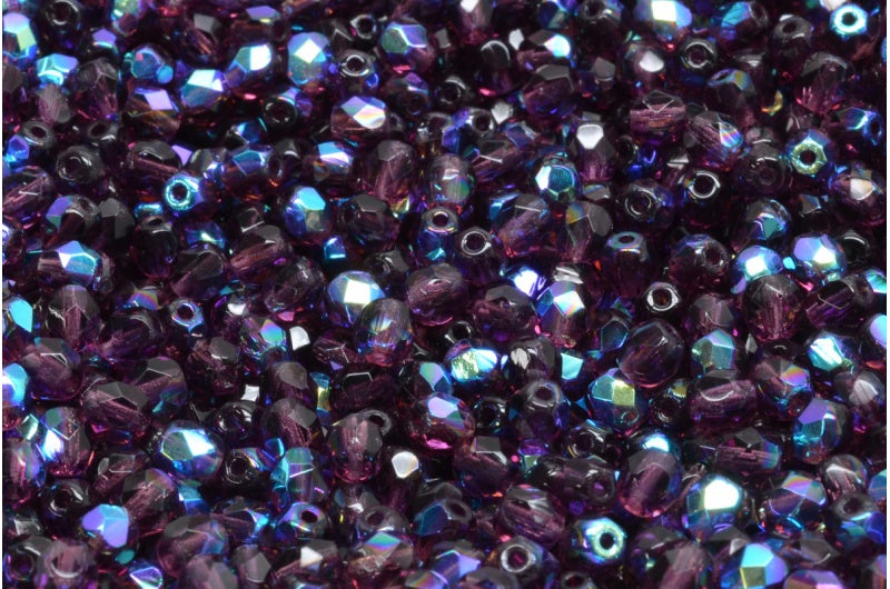 Fire Polished Faceted Beads Round, Transparent Light Amethyst Ab (20050-28701), Bohemia Crystal Glass, Czech Republic