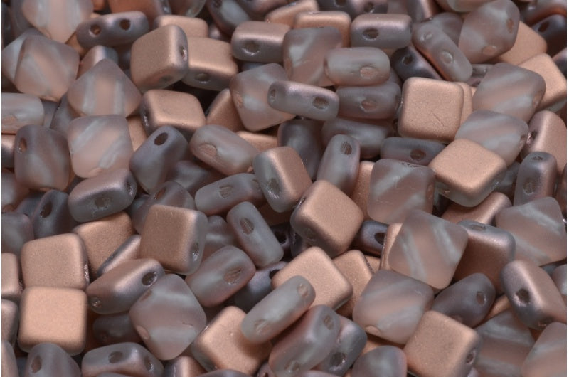 フラットシルキービーズ - 2穴、クリスタルマットローズゴールドカプリ（00030-84100-27101）、ガラス、チェコ共和国