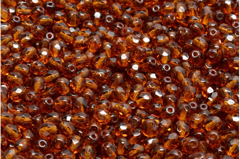 ファセット加工ラウンドファイアポリッシュビーズ、透明ブラウン（10100）、ガラス、チェコ共和国