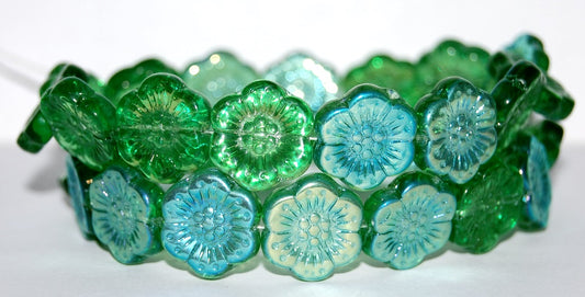Flower Pressed Glass Beads, Emerald Green Ab (50120 Ab), Glass, Czech Republic