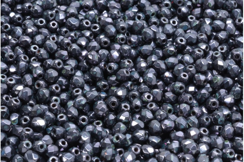 Fire Polished Faceted Beads Round, Black Stain With Luster Blue (23980-65431), Bohemia Crystal Glass, Czech Republic