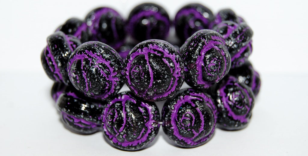 Round With Rose Flower Pressed Glass Beads, Transparent Amethyst 46420 Antiq (20080 46420 Antiq), Glass, Czech Republic