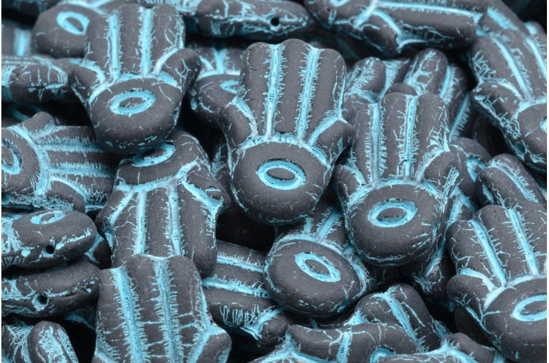 Hamsa-Handperlen, schwarz hellblau gefüttert matt (23980-54308-84100), Glas, Tschechische Republik