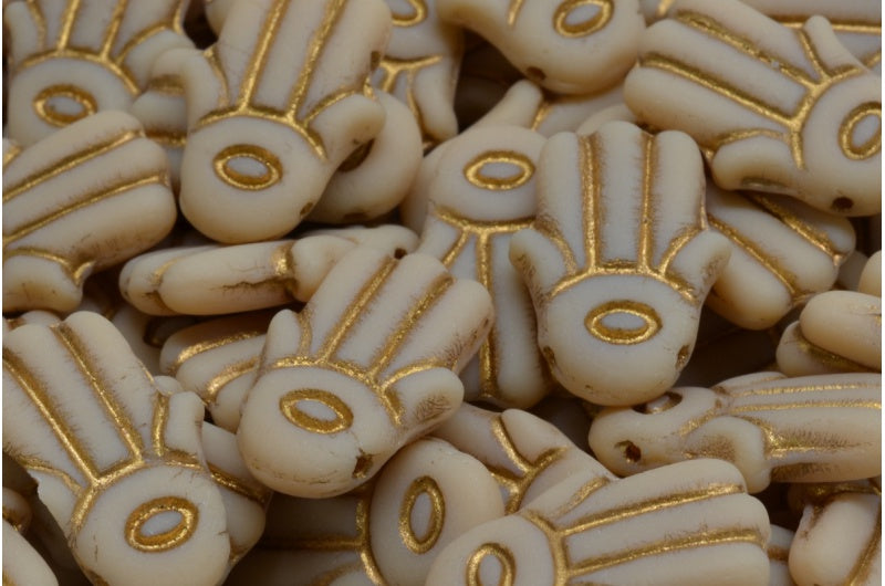 Hamsa Hand Beads, Beige Gold Lined Matte (13020-54302-84100), Glass, Czech Republic