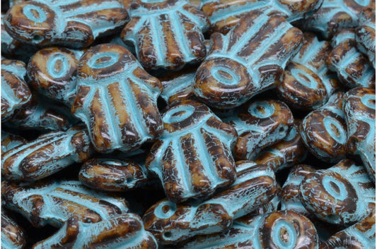 Hamsa Hand Beads, Beige Travertin Light Blue Lined (13020-86800-54308), Glass, Czech Republic