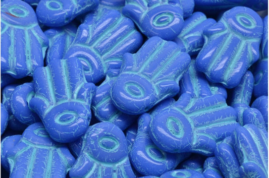 Hamsa Hand Beads, Opaque Blue Light Blue Lined (33040-54308), Glass, Czech Republic