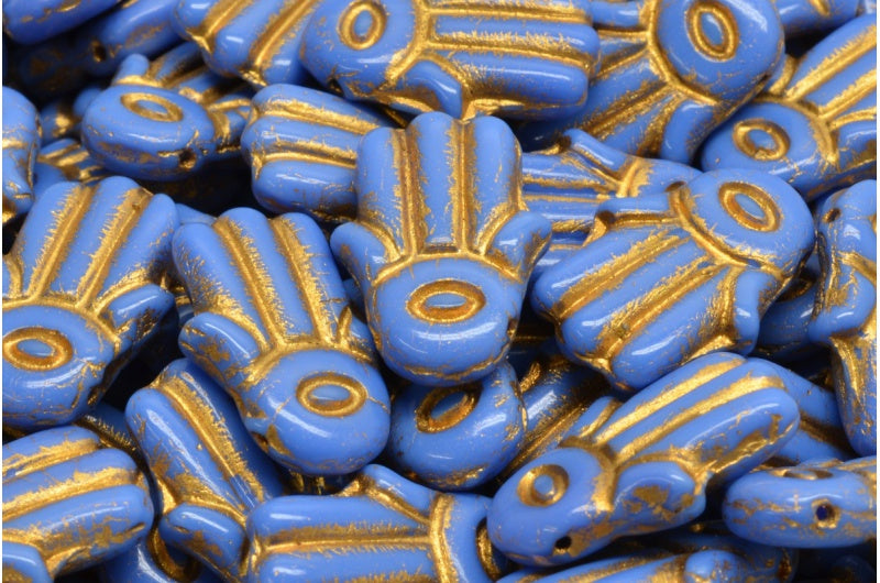 Hamsa Hand Beads, Opaque Blue Gold Lined (33040-54302), Glass, Czech Republic