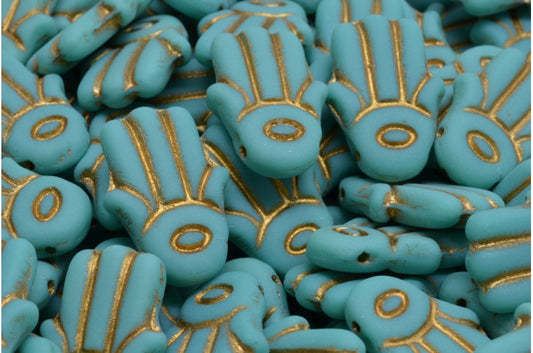 Hamsa Hand Beads, Turquoise Gold Lined Matte (63130-54302-84100), Glass, Czech Republic