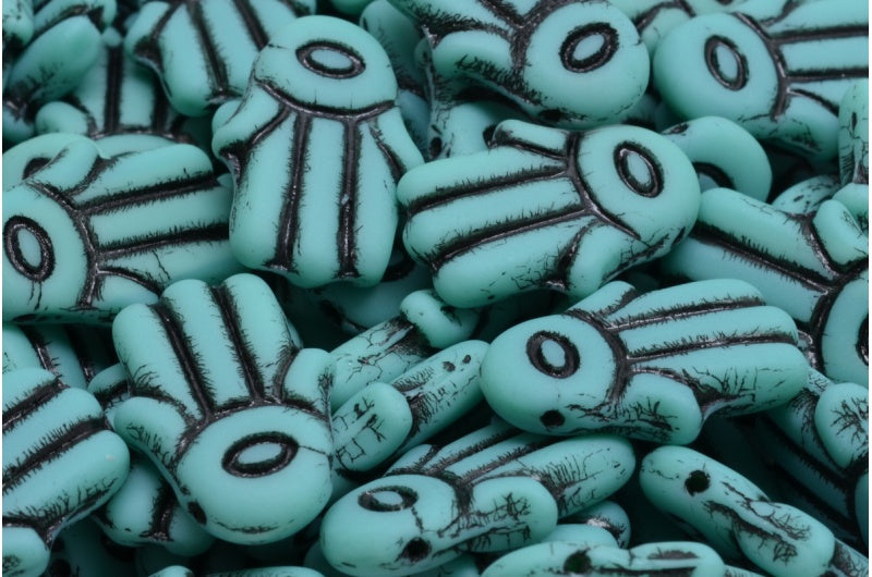 Hamsa Hand Beads, Turquoise Black Lined Matte (63130-46441-84100), Glass, Czech Republic