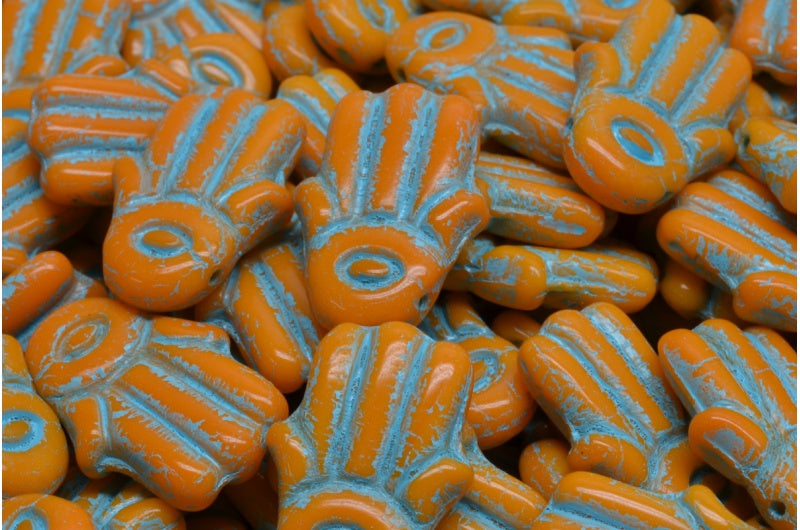 Hamsa Hand Beads, Opaque Yellow Light Blue Lined (93110-54308), Glass, Czech Republic