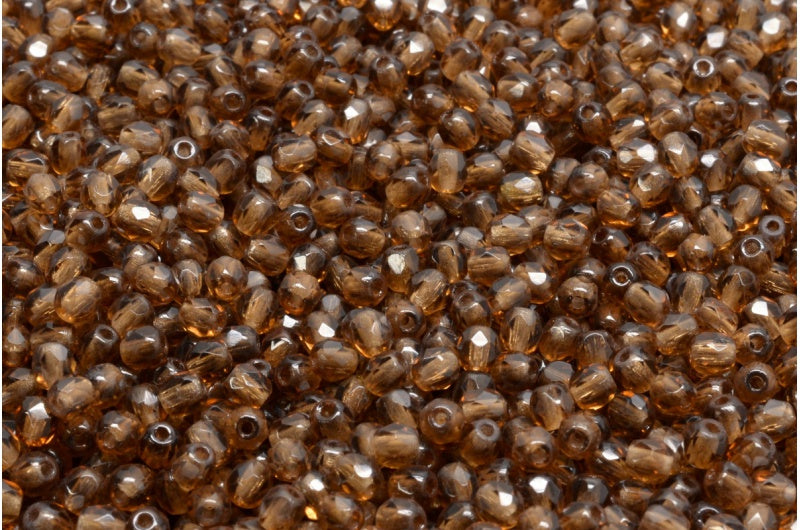 ファセット加工ビーズ ラウンド、透明ブラウン（10230）、ボヘミアクリスタルガラス、チェコ共和国