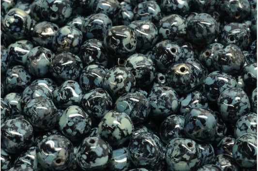 イングリッシュカットビーズ - ラウンド型、ブラックピカソ（23980-43400）、ガラス、チェコ共和国