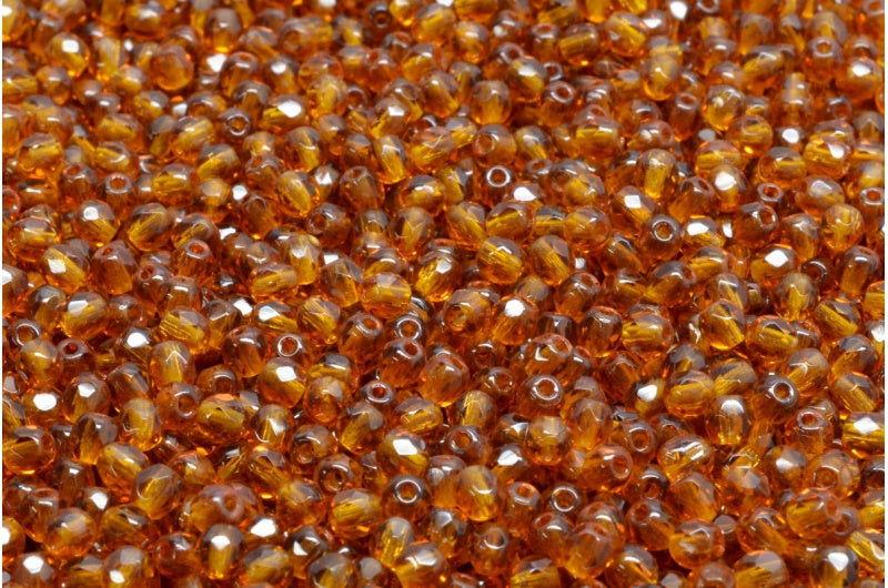 ファセット加工ラウンドファイアポリッシュビーズ、透明ブラウン（10100）、ガラス、チェコ共和国