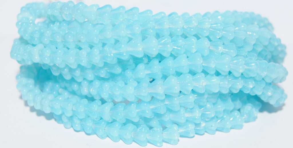 Bell Flower Pressed Glass Beads, Opal Aqua (61000), Glass, Czech Republic