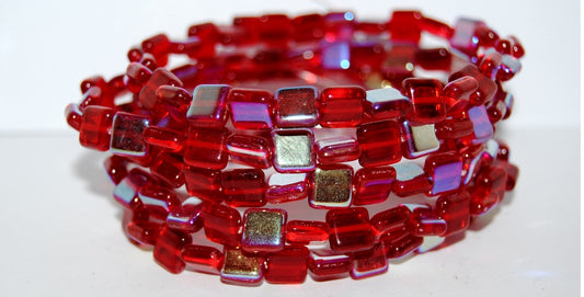 Flat Square Pressed Glass Beads, Transparent Red Ab (90060 Ab), Glass, Czech Republic