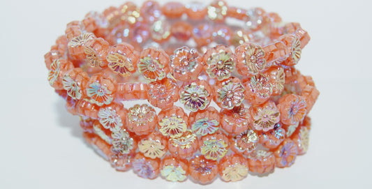 Hawaii Flower Pressed Glass Beads, Opaque Pink Ab 2Xside (74020 Ab 2Xside), Glass, Czech Republic