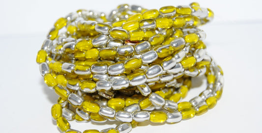 Olive Oval Pressed Glass Beads, Transparent Yellow Crystal Silver Half Coating (80010 27001), Glass, Czech Republic