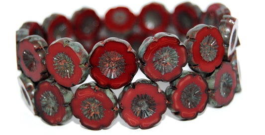 Table Cut Round Beads Hawaii Flowers, Opaque Red Travertin (93220 86800), Glass, Czech Republic